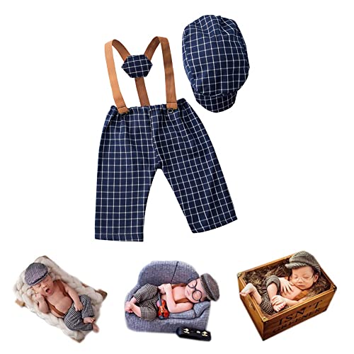 Newborn Monthly Baby Photo Props Stripe Checked Flat Cap Newsboy Suspender Pants Romper for Photography Outfits - color: Dark Blue
