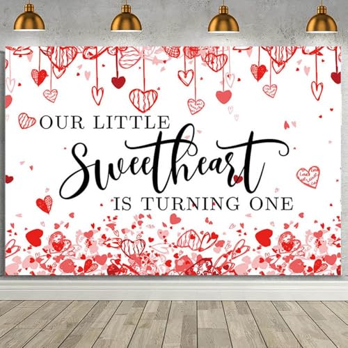 MEHOFOND 8x6ft Sweetheart 1st Birthday Backdrop Red Our Little Sweetheart is Turning One Decorations Banner Love Hearts Valentine's Day Happy First Birthday Baby Shower Background Cake Table Banner - color: First birthday, size: 8x6ft