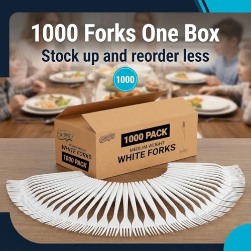 1000 Count Medium Weight White Plastic Forks Bulk Plastic Silverware For Parties, Weddings, Catering, Take out Single-Use Forks - size: 1 Case Forks (1000)