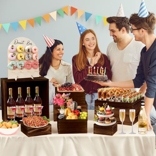 8-Pack Pine Wood Buffet Risers, Multi-Size Nesting Cube Food Display Stands for Buffet Table & Catering, Hollow Bottoms Food Risers for Multi-Level Buffet Presentation-Brown - color: Brown