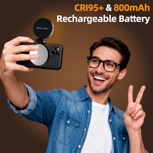 Magnetic Selfie Light for iPhone with Mirror Foldable Magnetic Fill Light with Sticky Ring for Android Rechargeable Portable Phone Ring Lights for Selfies, Video, Makeup, Vlog, Tiktok, CRI95