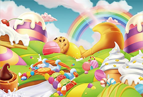 AOFOTO 7x5ft Candyland Backdrop Fantasy Giant Lollipop Candy Land Candy Themed Party Decorations Banner Cartoon Rainbow Ice Cream Dessert Shop Decor Background Kids Baby Birthday Photoshoot Props - size: 7x5ft