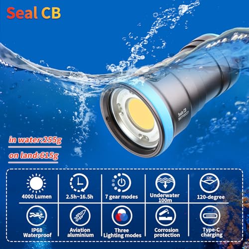 Seal CB 4000 Lumen Dive Light for Underwater Photography, 100m Underwater Video Light 94 CRI with 120 Degree Wide Beam Angle Scuba Flashlight for Professional Dive Photography Fill Light - size: Seal CB