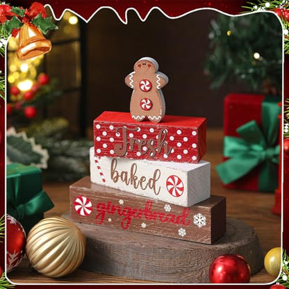 Geelin 4 Pcs Wooden Christmas Tabletop Decor Gingerbread Man Tiered Tray Decor Christmas Centerpiece Rustic Decorative Block Signs Gift Farmhouse Table Decoration for Home Kitchen - style: Gingerbread