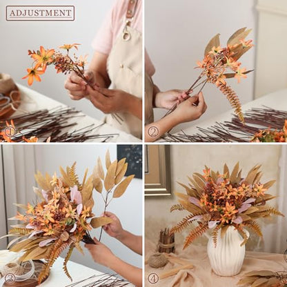 Artificial Greenery Stems Box Set for Fall Decor (Pack of 70pcs) with 8 Kinds of Faux Plants and Fake Flowers for Autumn DIY Wedding Bouquet Table Centerpieces and Floral Arrangement (Brown & Orange)