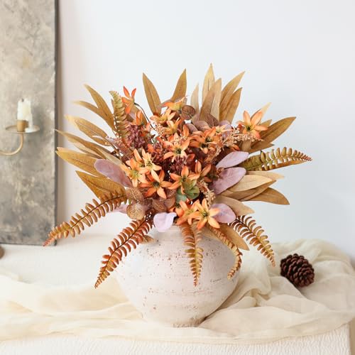 Artificial Greenery Stems Box Set for Fall Decor (Pack of 70pcs) with 8 Kinds of Faux Plants and Fake Flowers for Autumn DIY Wedding Bouquet Table Centerpieces and Floral Arrangement (Brown & Orange)