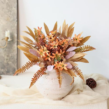 Artificial Greenery Stems Box Set for Fall Decor (Pack of 70pcs) with 8 Kinds of Faux Plants and Fake Flowers for Autumn DIY Wedding Bouquet Table Centerpieces and Floral Arrangement (Brown & Orange)