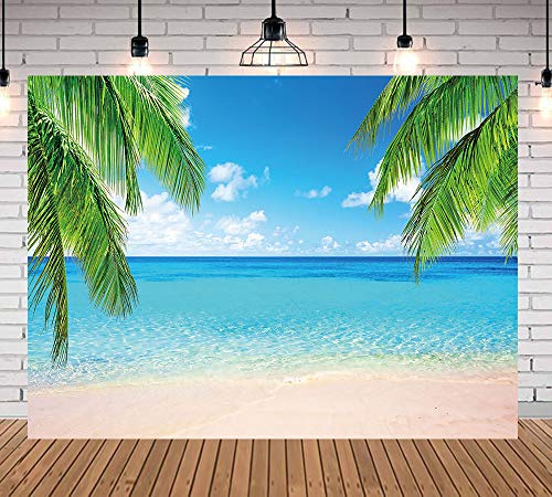 Summer Tropical Beach Photography Backdrops Seaside Island Palm Trees Photo Blue Sky White Clouds Background for Hawaii Pool Party Luau Theme Party Decoration Studio Props Banner 5x3ft - size: 5x3 Ft