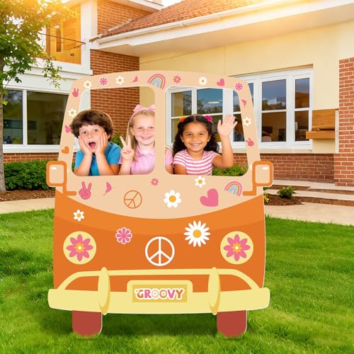 Hippie Bus Cardboard Cutout, Large 39.76 x 47.24 in Groovy Party Decoration, Retro 60s 70s Hippie Selfie Frame Photo Booth Prop, Daisy Van Life-Size Backdrop for Groovy Hippie Boho Party Favor