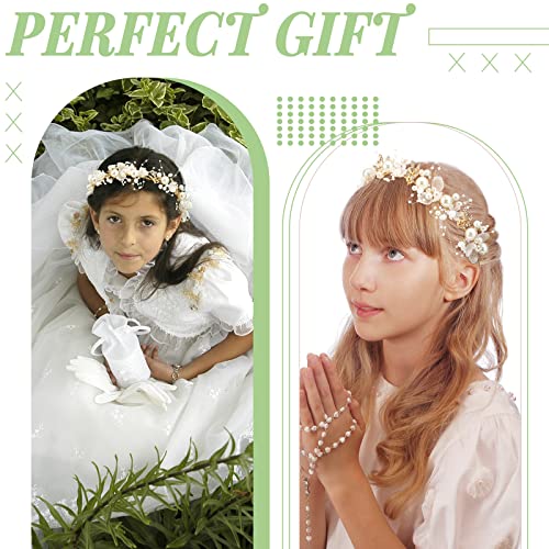 Retrowavy 2 Pcs Flower Girl Headpiece, Flower Girl Hair Accessories Rhinestone Crystal Princess Pearl Headband Bridal Hair Headband for Wedding First Communion(Gold) - color: Gold