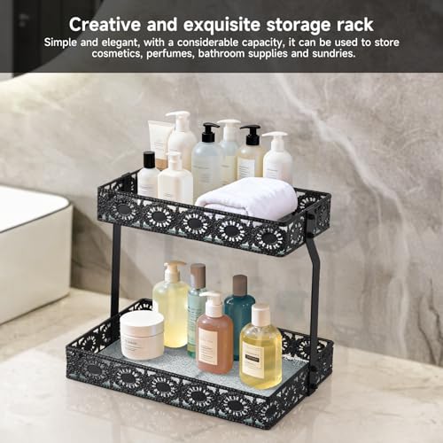 xiaojuande-Two Layer Glass Storage Tray with Portable Dressing Table Skin Care Product Organization Rack Corner Storage Rack for Bathroom Counter High-end Light - (Black) - color: Black