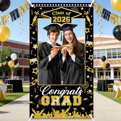 AIBIIN Class of 2026 Graduation Photo Backdrop Black and Gold Graduation Decorations Congrats Grad Party Decoration for High School College