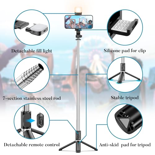 Portable 41 Inch Selfie Stick Phone Tripod with Wireless Remote Extendable Tripod Stand 360 Rotation Compatible with iPhone 17 16 15 14 13 12 11 pro Xs Max Xr X Plus, Android Samsung Smartphone - style: Black & With Light