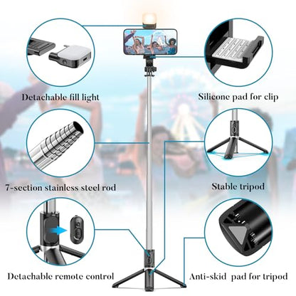 Portable 41 Inch Selfie Stick Phone Tripod with Wireless Remote Extendable Tripod Stand 360 Rotation Compatible with iPhone 17 16 15 14 13 12 11 pro Xs Max Xr X Plus, Android Samsung Smartphone - style: Black & With Light