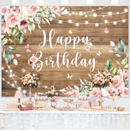 Sensfun Rustic Wood Floral Birthday Backdrop Banner Pink Flower Wooden Photography Background Butterfly Women Girls Birthday Party Decorations Supplies Photo Booth Props 7x5ft - size: 7x5Ft