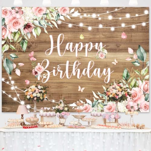 Sensfun Rustic Wood Floral Birthday Backdrop Banner Pink Flower Wooden Happy Bday Photography Background Butterfly Women Girls Birthday Party Decorations Supplies Photo Studio Props 8x6ft - size: 8x6Ft