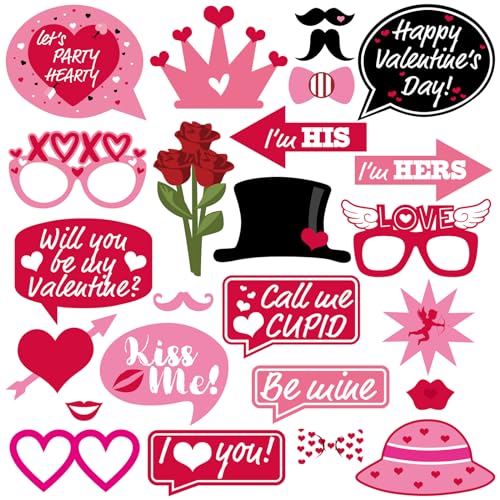 Valentine's Day Photo Booth Props Lovers Selfie Photobooth Props for Photography Funny Heart Rose Glasses Beard Lips Hat Wedding Props Decoration for Valentine's Theme Party Supplies 25 Pcs