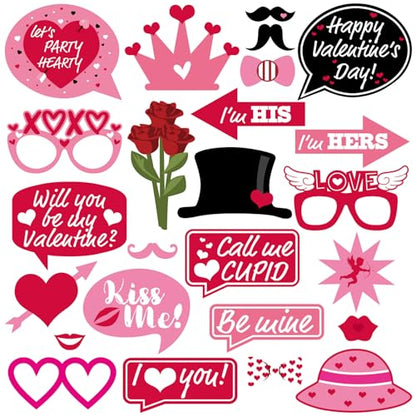 Valentine's Day Photo Booth Props Lovers Selfie Photobooth Props for Photography Funny Heart Rose Glasses Beard Lips Hat Wedding Props Decoration for Valentine's Theme Party Supplies 25 Pcs