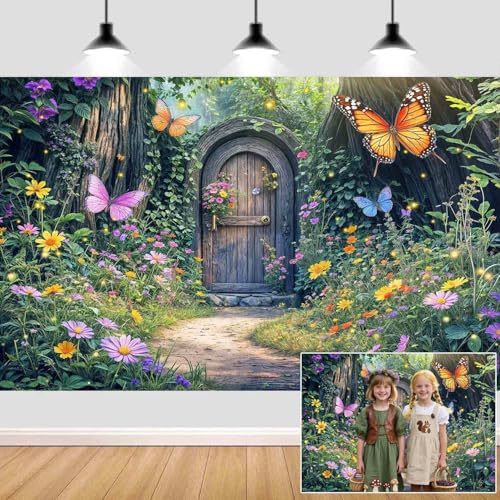 5X3ft Enchanted Forest Backdrop Fairy Enchanted Wonderland Garden Wooden Door Floral Butterfly Photography Background for Kids Girls Baby Shower Birthday Party Decoration Banner Booth Props - color: Multi4, size: 5x3ft