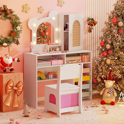 Costzon Kids Vanity with Lights, Girls Vanity Set with Mirror, Storage Drawers, Cabinet & Shelves, Toddler Makeup Vanity Desk Dressing Table, Wooden Kids Vanity Table and Chair Set (White) - style: White with Storage Bins