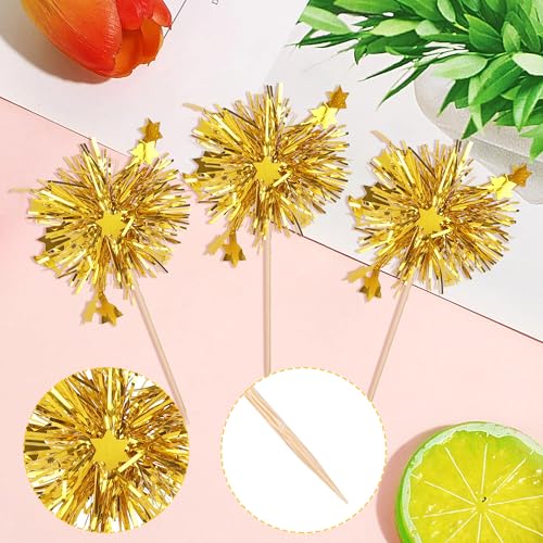 30 PCS Foil Firework Cupcake Toppers Star Cupcake Picks Sparkle Tinsel Flower Drink Stirrers Cocktail Food Fruit Toothpicks for Baby Shower Wedding Birthday Party Cake Decorations Supplies Gold - color: Star Gold