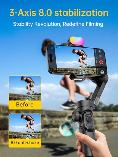 AOCHUAN 3-Axis Gimbal Stabilizer for iPhone Gimbal with RGB Magnetic Fill Light Upgraded Face Tracking Focus Wheel Foldable Smartphone for iPhone/Android Phone Stabilizer Vlog Recording Smart XE Kit - style: Smart XE Kit
