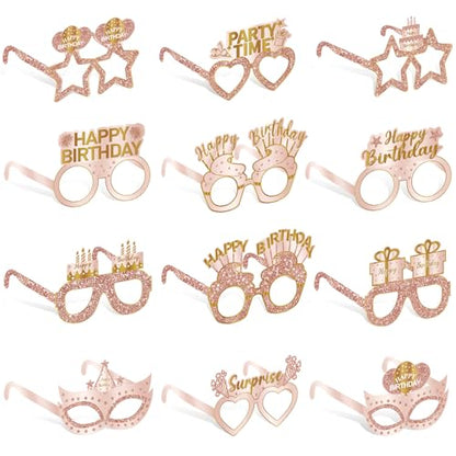 Guiruiy 24PCS Happy Birthday Eyeglasses Decorations for Girls Women, Pink Rose Gold Birthday Paper Eyeglasses Party Supplies, 16th 21st 30th 40th 50th 60th 70th 80th 90th Year Old Bday Glasses Decor - style: Pink Rose Gold