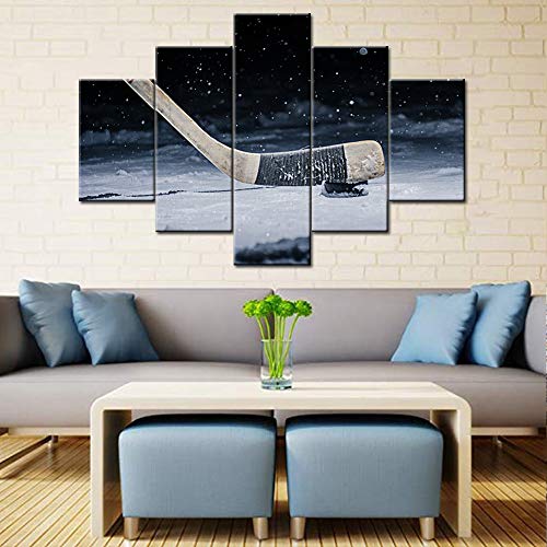 5 Piece Canvas Wall Art Painting Hockey Stick Close-up Puck on Ice Rink Splashing Snow Background Prints Poster Modern House Decor for Bedroom Wall Artwork Gallery-Wrapped Ready to Hang(60''Wx40''H) - color: Artwork-35, size: 60''W x 40''H