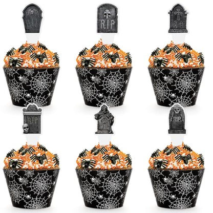 48 Pack Halloween Cupcake Toppers and Black Spider Web Wrappers, Tombstones Skeleton Cupcake Picks Decoration for Halloween Party Birthday Party Supplies - style: Halloween