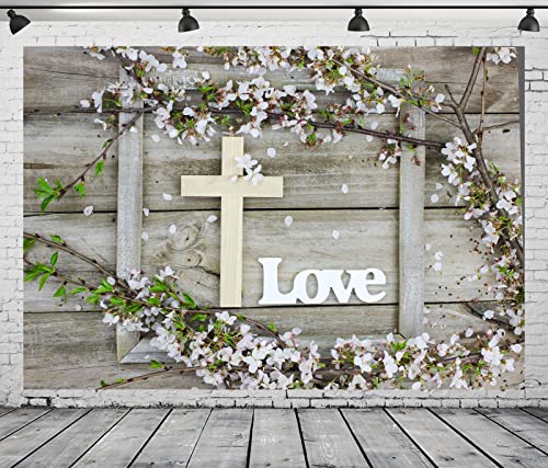 BELECO 20x10ft Fabric Rustic Wooden Board Wood Cross Backdrop Word Love and Spring Tree Blossoms Flower Petals Backdrop Jesus Background Christian Church Event Party Decor Easter Photo Studio Props - size: 20x10FT