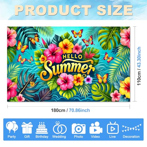 HOMETITUTE Hello Summer Banner 71 x 43 inch Summer Hawaiian Party Decorations Flower Butterfly Summer Outdoor Decorations Supplies Backdrop Tropical Beach Hawaiian Party Themed Photo Booth Props
