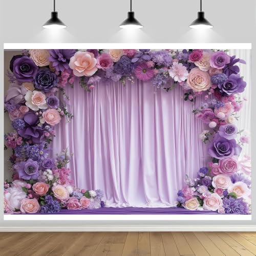 Purple Floral Arch Photo Backdrop Lavender Romantic Blossom Theme Photography Background Baby Bridal Shower Birthday Princess Wedding Party Banner Decoration Polyester 7x5ft