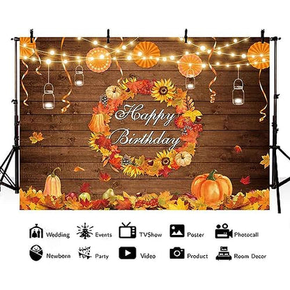AIBIIN 10x7ft Fall Birthday Backdrop Autumn Rustic Wood Wall Photography Background Thanksgiving Pumpkin Maple Leaf Harvest Wreath Mexican Paper Fan Party Decoration Bday Cake Smash Photo Studio Props - size: 10x7ft