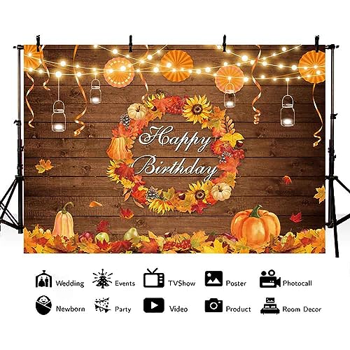 AIBIIN 10x7ft Fall Birthday Backdrop Autumn Rustic Wood Wall Photography Background Thanksgiving Pumpkin Maple Leaf Harvest Wreath Mexican Paper Fan Party Decoration Bday Cake Smash Photo Studio Props - size: 10x7ft