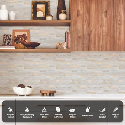 STICKGOO Peel and Stick Backsplash, PVC Wall Tiles Stick on Backsplash for Kitchen(1 Sheet, Beige with Metal Gold) - color: Beige with Metal Gold