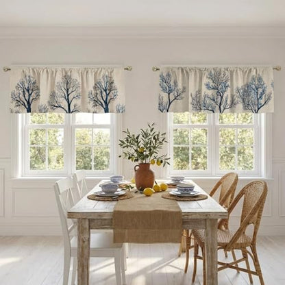 Minimalist Tree Curtain, Two-Pack, Indigo Branch Linen Botanical Pattern,Applicable to Bathroom, Bedroom, 54x18 inches. - color: Minimalist Tree