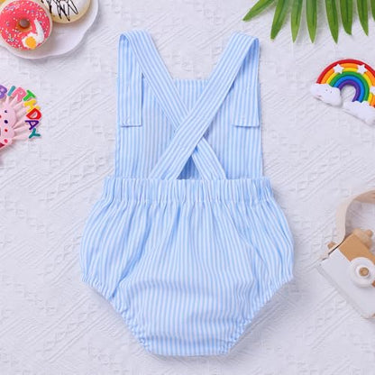 IMEKIS Baby Girls Boys Boho 1st Birthday Outfit Backless Overalls Romper for Cake Smash Photo Shoot - color: Blue Striped 1, size: 9-12 Months