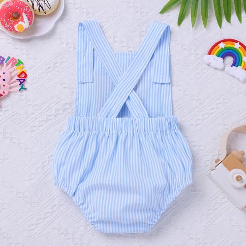 IMEKIS Baby Girls Boys Boho 1st Birthday Outfit Backless Overalls Romper for Cake Smash Photo Shoot - color: Blue Striped 1, size: 12-18 Months