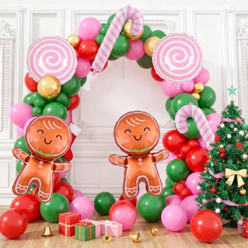 Biapian Christmas Balloons Decorations, Large Gingerbread Man Balloons Foil Pink Candy Cane Balloon Helium for Christmas Baby Shower Holiday Xmas New Year Birthday Party Decorations Supplies - style: Pink Xmas