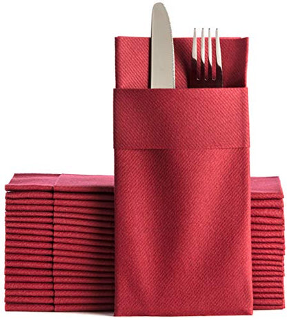 Moyes Home Burgundy Disposable Dinner Napkins with Pocket - Linen-Feel Pre-Folded Cloth-Like Paper Napkins for Silverware, Weddings, Dinner Parties, 16x16 in, Pack of 50 - color: Bordeaux