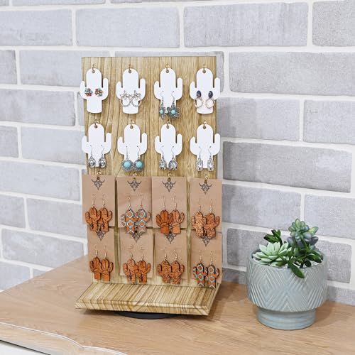 Ikee Design Wooden Rotating Two-Sided Jewelry Display Stand, Rotating Organizer with 32 Hooks for Store, Earring Keychain Display with Hooks, Oak color, 9 W x 7.5 D x 16.5 H in - color: Oak, 1 Piece, Standard Hook