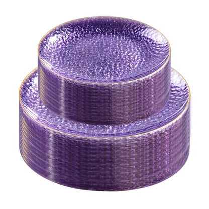 Rubtlamp 60Pcs Clear Purple Gold Plastic Plates, Purple Disposable Plates With Gold Rim, Hammered Plastic Plates Include 30 Clear Dessert Plates, 30 Dinner Plates for Party - color: Clear Purple Gold