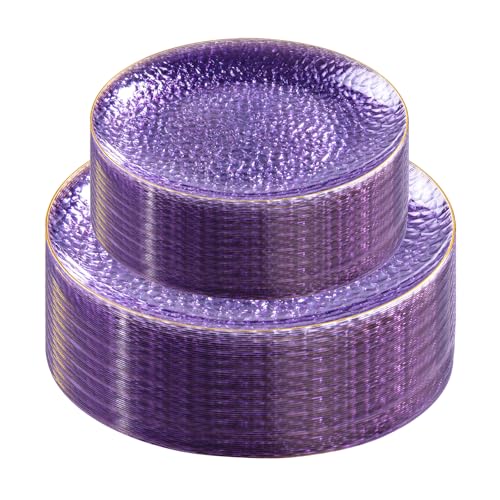 Rubtlamp 60Pcs Clear Purple Gold Plastic Plates, Purple Disposable Plates With Gold Rim, Hammered Plastic Plates Include 30 Clear Dessert Plates, 30 Dinner Plates for Party - color: Clear Purple Gold