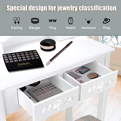 Giantex Vanity Table Set with Oval Mirror and 4 Drawers, Makeup Dressing Table with Cushioned Stool, Wooden Makeup Table for Bedroom Bathroom Girls Women, White - color: White, style: 4 Drawers