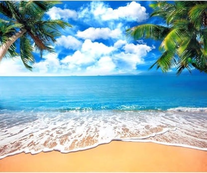 Summer Tropical Beach Backdrop Blue Sea Sky White Clouds Palm Trees Backdrop Theme Portrait Photography Background Holiday Photo Video Studio Props Banner 6x4ft - color: Blue, size: 6x4ft