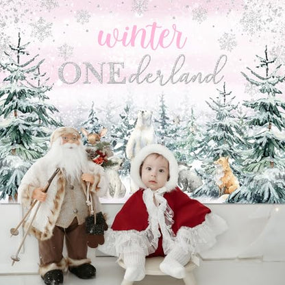 Mocsicka Winter Onederland Backdrop Pink Snowflake Girls First Birthday Photography Background Winter Woodland Animals Happy 1st Birthday Party Banner Decorations Photo Booth Props (8x6ft) - size: 8x6ft