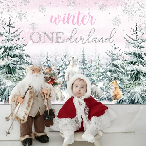 Mocsicka Winter Onederland Backdrop Pink Snowflake Girls First Birthday Photography Background Winter Woodland Animals Happy 1st Birthday Party Banner Decorations Photo Booth Props (6x4ft) - size: 6x4ft