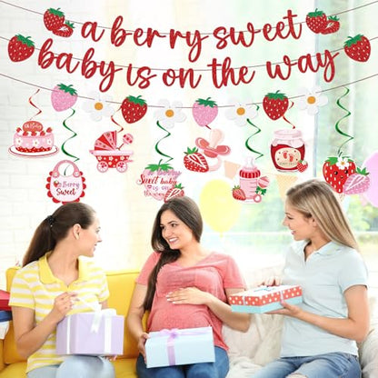 Strawberry Baby Shower Decorations - A Berry Sweet Baby Is on the Way Banners Cute Strawberry Decorations Strawberry Sweet Baby Hanging Swirls Ceiling Decor Girls - style: Strawberry