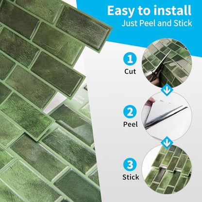 Art3d 10-Sheet Kitchen Backsplash Tiles Peel and Stick, Self Adhesive Wall Tile Sticker for Kitchen Island Bathroom Laundry Room RV Renter 12" x 12" - Jade Green - color: Jade Green