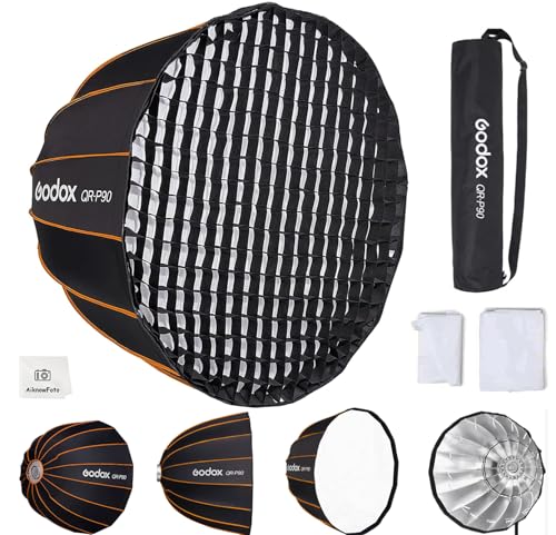 Godox Quick Release Parabolic Softbox,QR-P90 35.4”/90cm Portable Bowens Mount Soft Box with Honeycomb Grid,Carry Bag,Front/Inner Diffuser for Photography Studio Portrait Live Streaming Video Shooting - size: QR-P90